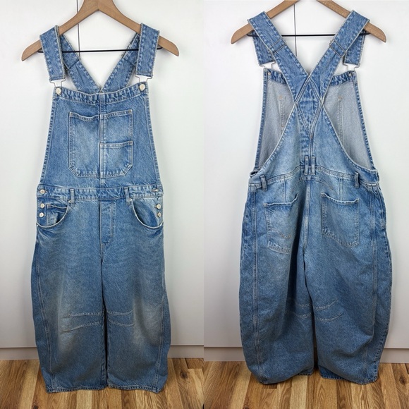 Free People We The Free Good Luck Barrel Overalls Ultra Light Beam Large Blue - Picture 2 of 8